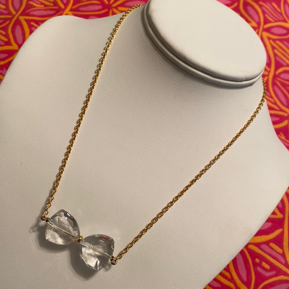 Gold Chain Necklace with Clear Crystal Bow Pendant